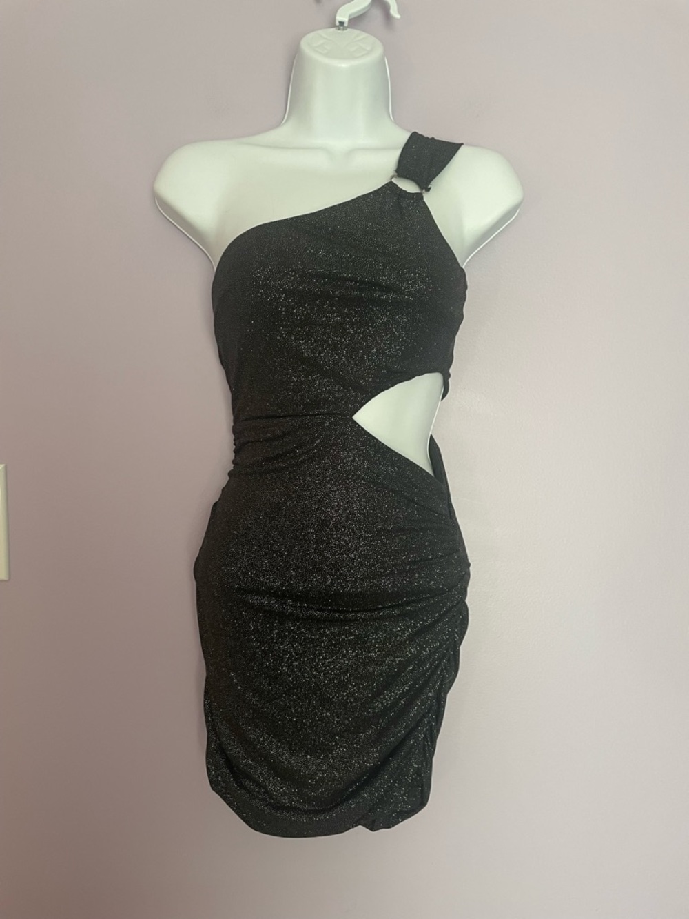 Lucy in the Sky One-Shoulder Cutout Mini Dress in Black Shimmer size XS